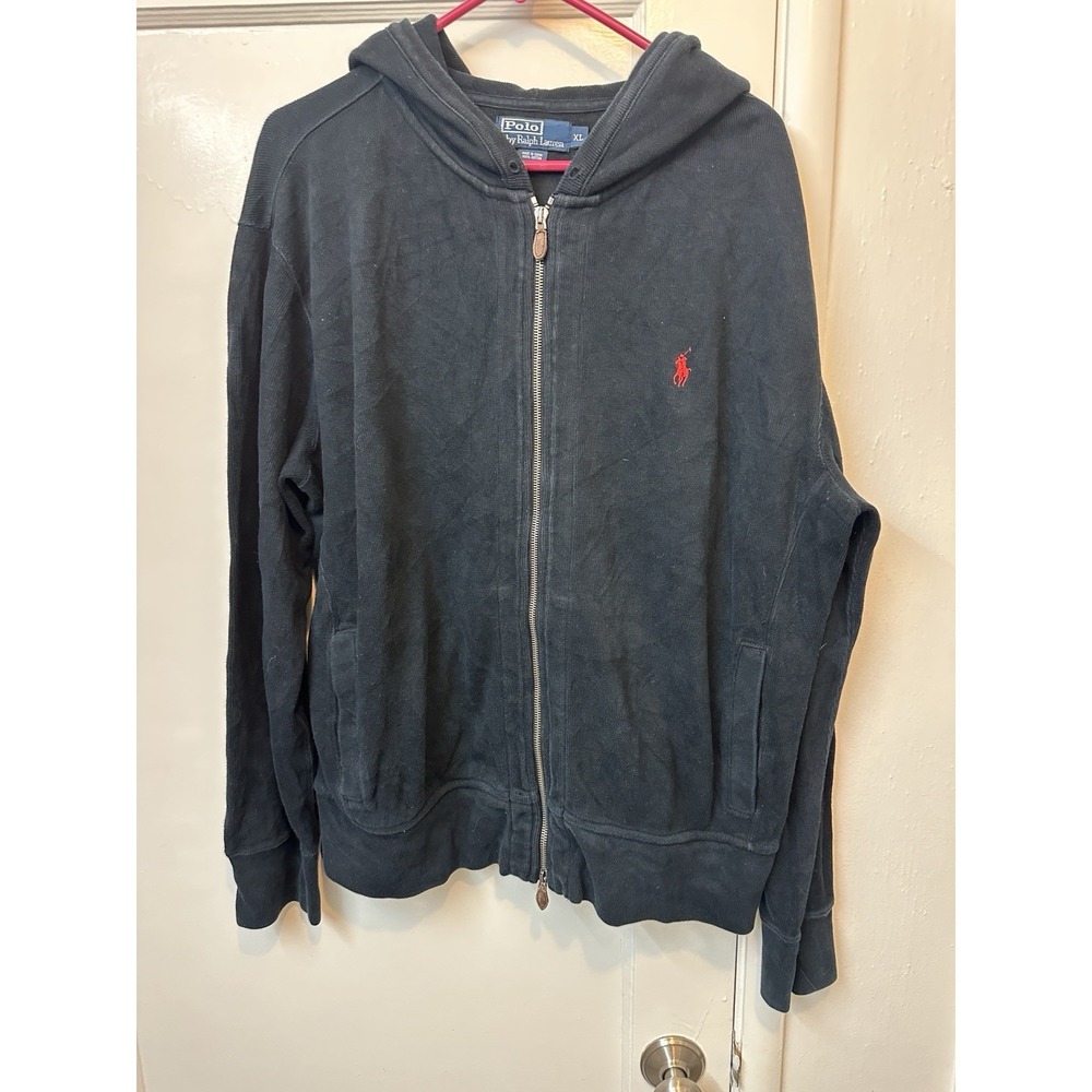 Polo Ralph Lauren Men's XL Full Zip Hoodie Black Red Pony Cotton Sweatshirt VTG